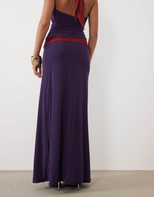 ASOS DESIGN gonna lunga coordinata soft touch con fascia in vita a contrasto in viola e bordeaux, 5 di 5