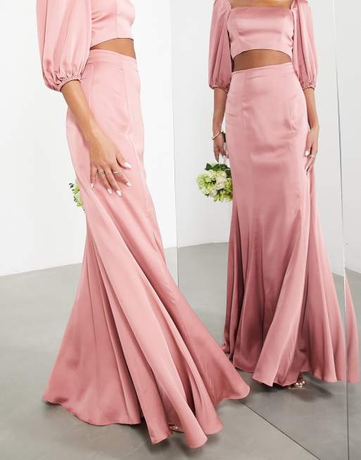 ASOS DESIGN - Gonna lunga da damigella in raso color rosa crepuscolare con fondo a sirena in coordinato