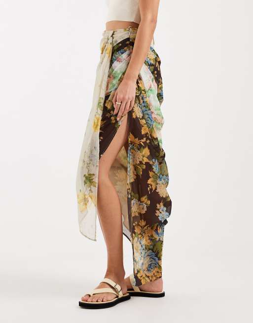 ASOS DESIGN - Gonna lunga drappeggiata in chiffon con stampa mista in coordinato, 2 di 5