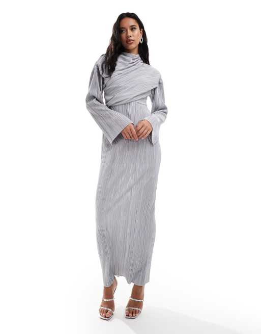 ASOS DESIGN - Gonna lunga grigio chiaro plissé avvolgente accollata