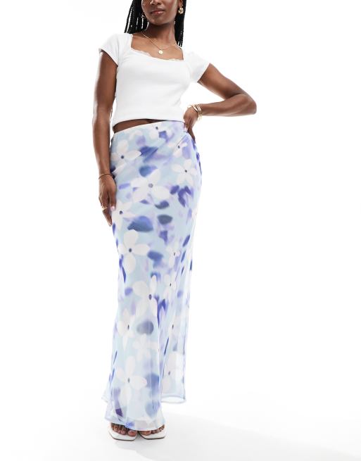 ASOS DESIGN - Gonna lunga in chiffon a fiori blu con fondo asimmetrico