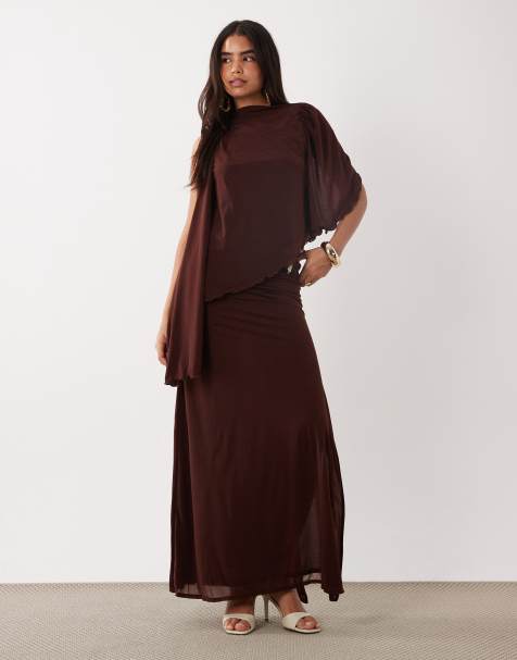 ASOS DESIGN - Gonna lunga in chiffon elasticizzato color cioccolato in coordinato - view 1