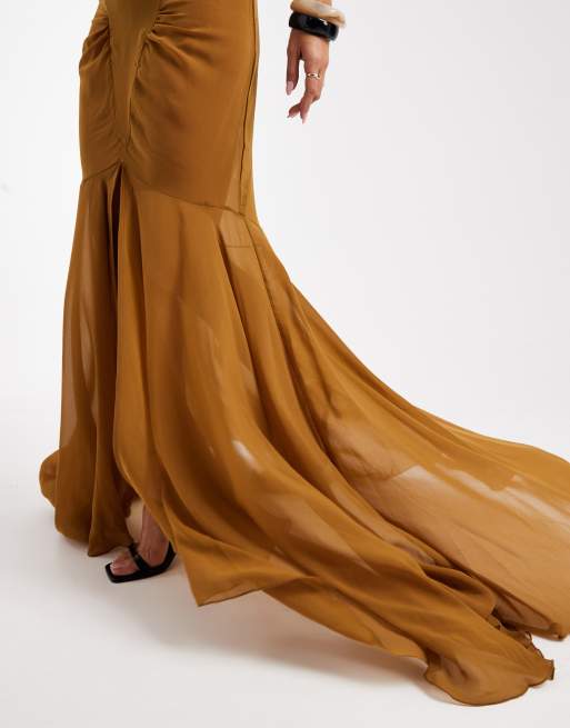 ASOS DESIGN - Gonna lunga in chiffon ocra con strascico, 2 di 5