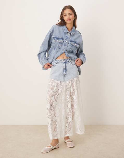 ASOS DESIGN - Gonna lunga in denim lavaggio blu medio con dettaglio in pizzo a contrasto - view 1