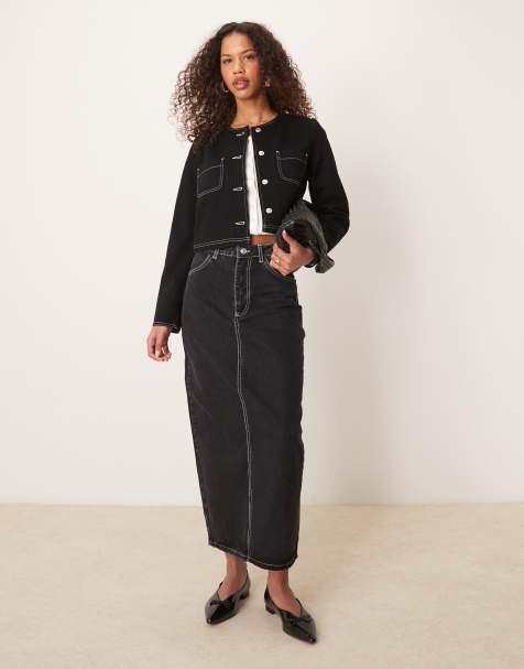 ASOS DESIGN - Gonna lunga in denim nero slavato con tasche applicate e cuciture a contrasto - view 1