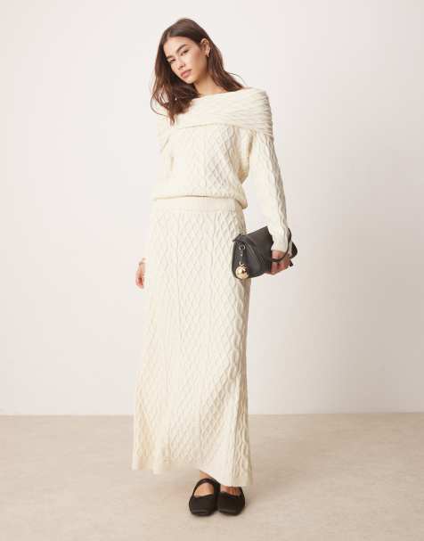 ASOS DESIGN - Gonna lunga in maglia a trecce color crema in coordinato - view 1
