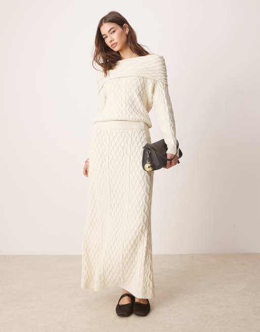 ASOS DESIGN - Gonna lunga in maglia a trecce color crema in coordinato