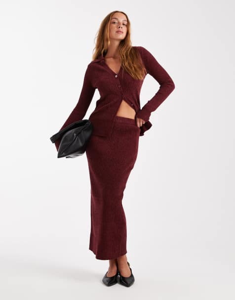 ASOS DESIGN - Gonna lunga in maglia color bordeaux in coordinato - view 1