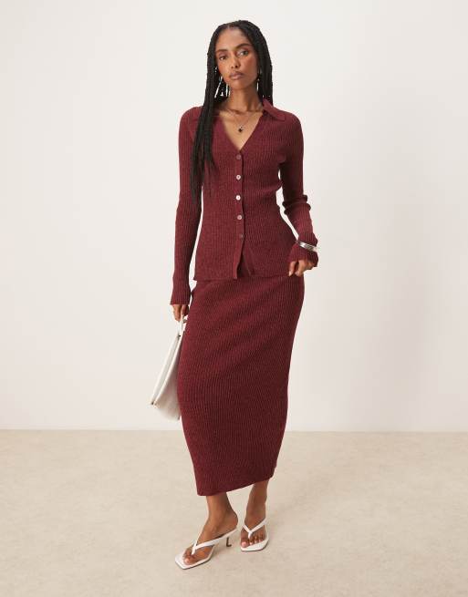 ASOS DESIGN - Gonna lunga in maglia color bordeaux in coordinato