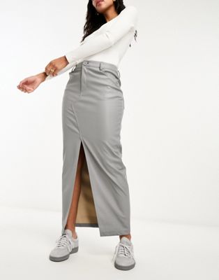 ASOS DESIGN faux leather maxi skirt with front split in grey - ASOS Price Checker