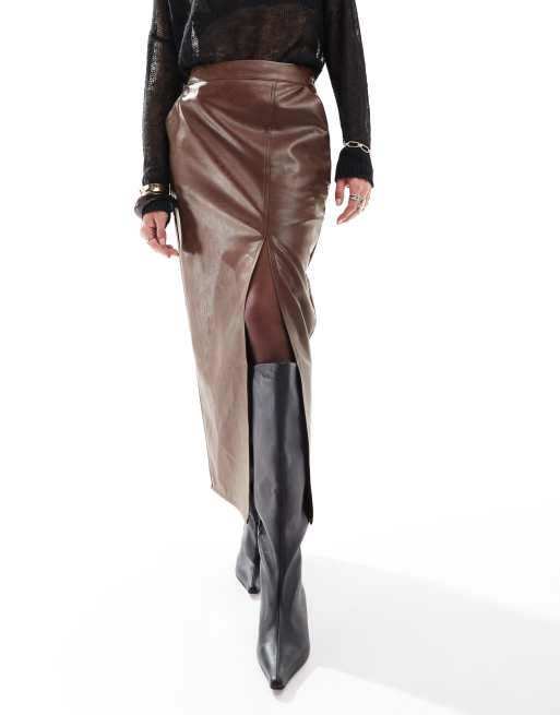 ASOS DESIGN - Gonna lunga in pelle sintetica marrone slavato con spacco laterale, 5 di 5