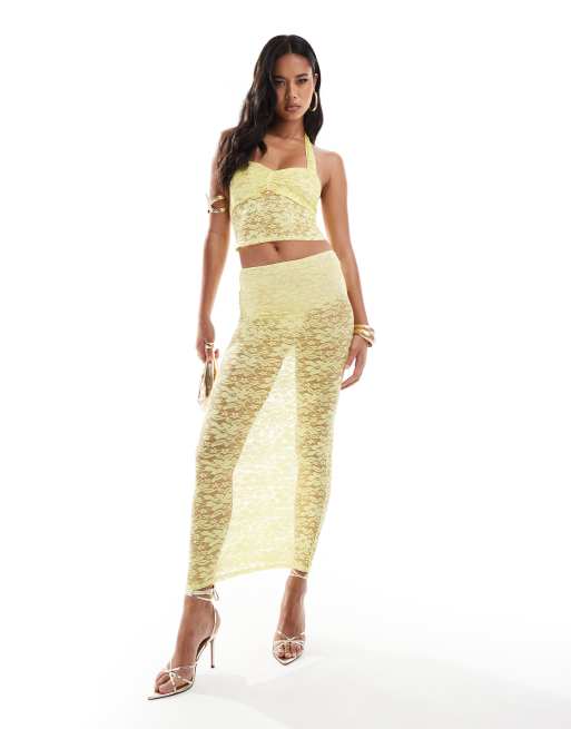 ASOS DESIGN - Gonna lunga in pizzo giallo in coordinato