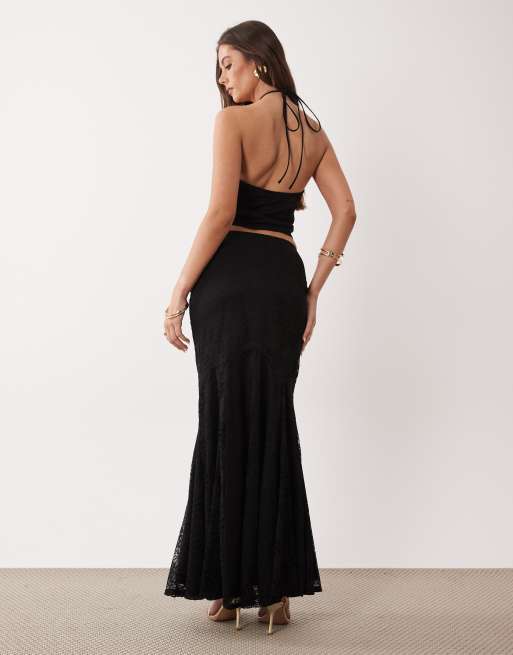 ASOS DESIGN - Gonna lunga in pizzo nero con fondo a sirena in coordinato, 4 di 5