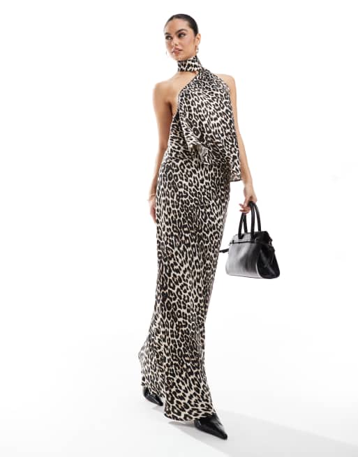 ASOS DESIGN - Gonna lunga in raso con stampa leopardata e taglio sbieco in coordinato