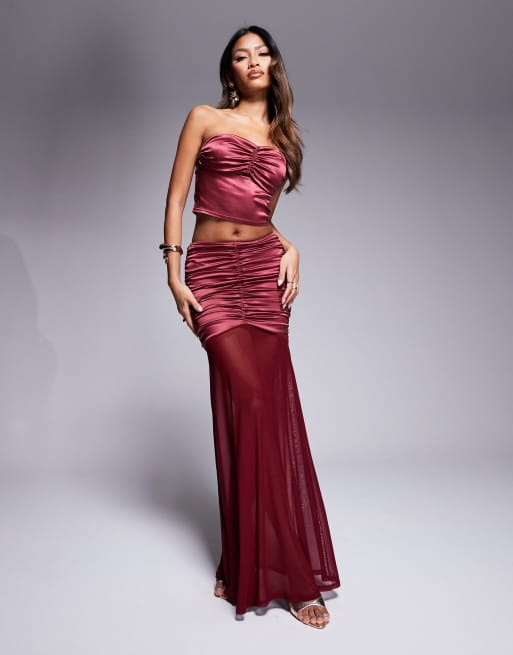 ASOS DESIGN Gonna lunga in raso elasticizzato arricciato color