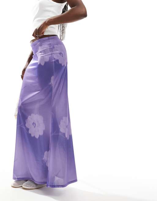 ASOS DESIGN - Gonna lunga in raso elasticizzato lilla con stampa floreale sfumata
