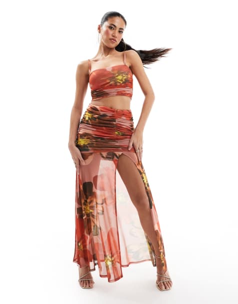 ASOS DESIGN - Gonna lunga in rete arricciata con spacco e stampa a fiori grandi in coordinato - view 1