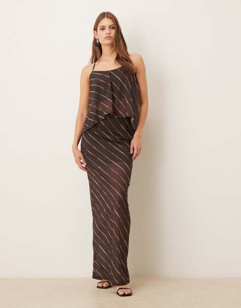 ASOS DESIGN - Gonna lunga in rete trasparente color cioccolato scuro a righe in coordinato - view 1