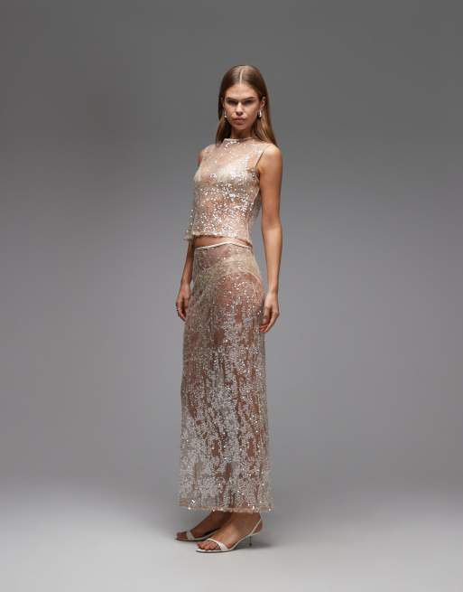 ASOS DESIGN - Gonna lunga in rete trasparente color oro rosa con paillettes