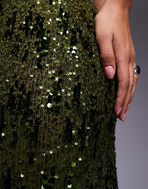 ASOS DESIGN - Gonna lunga in rete verde con paillettes in coordinato, 4 di 5