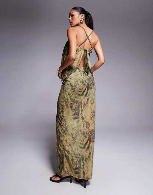 ASOS DESIGN - Gonna lunga in rete verde con stampa animalier e spacco in coordinato, 4 di 5
