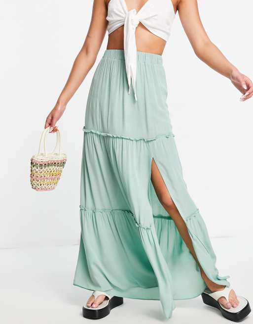 ASOS DESIGN - Gonna lunga in tessuto stropicciato con spacco laterale, colore verde salvia, 1 di 4