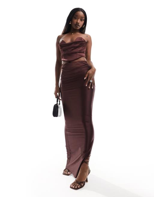 ASOS DESIGN - Gonna lunga in twill e raso color bacca con arricciatura laterale in coordinato