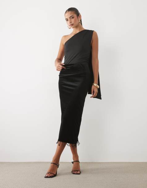 ASOS DESIGN gonna lunga in velluto con frange nera - view 1