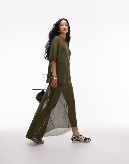 ASOS DESIGN - Gonna lunga kaki in rete con taglio sbieco