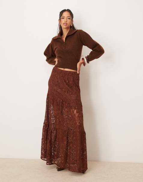 ASOS DESIGN - Gonna lunga marrone a balze in pizzo - view 1