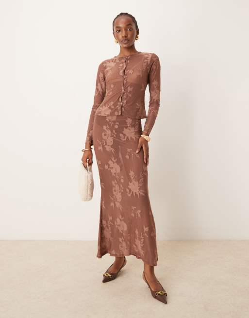 ASOS DESIGN - Gonna lunga marrone dévoré con fondo a sirena in coordinato