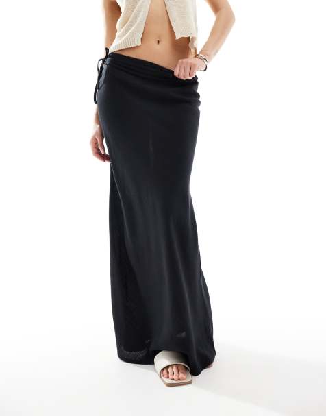 ASOS DESIGN - Gonna lunga nera in misto lino con taglio sbieco - view 1