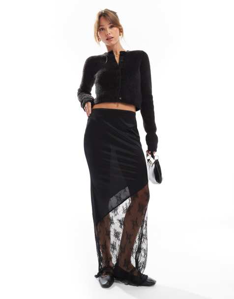 ASOS DESIGN - Gonna lunga nera in raso con inserto in pizzo - view 1
