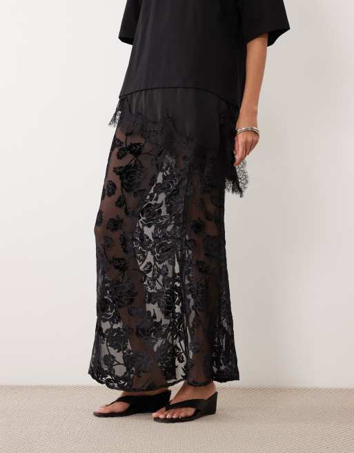 ASOS DESIGN - Gonna lunga nera trasparente a fiori dévoré, 2 di 5