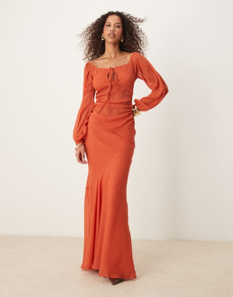ASOS DESIGN - Gonna lunga rossa in chiffon in coordinato - view 1