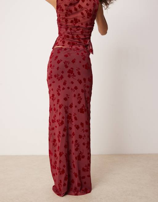 ASOS DESIGN - Gonna lunga rossa in rete floccata a vita bassa in coordinato, 5 di 5