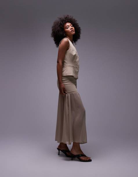 ASOS DESIGN - Gonna lunga sartoriale color pietra con strato in chiffon in coordinato - view 1