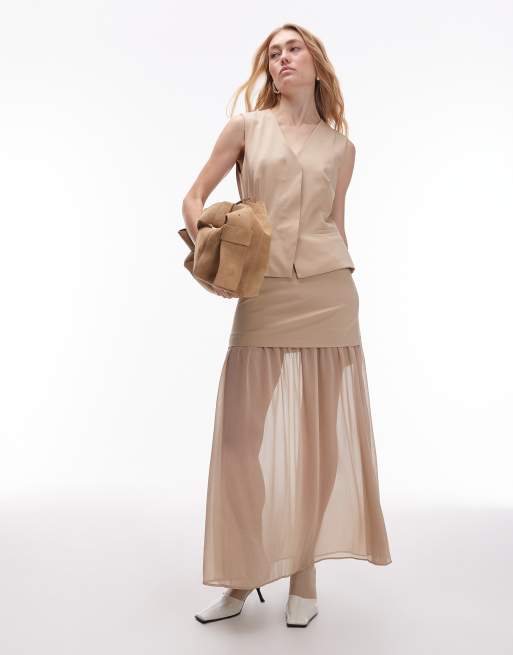 ASOS DESIGN - Gonna lunga sartoriale color pietra con strato in chiffon in coordinato