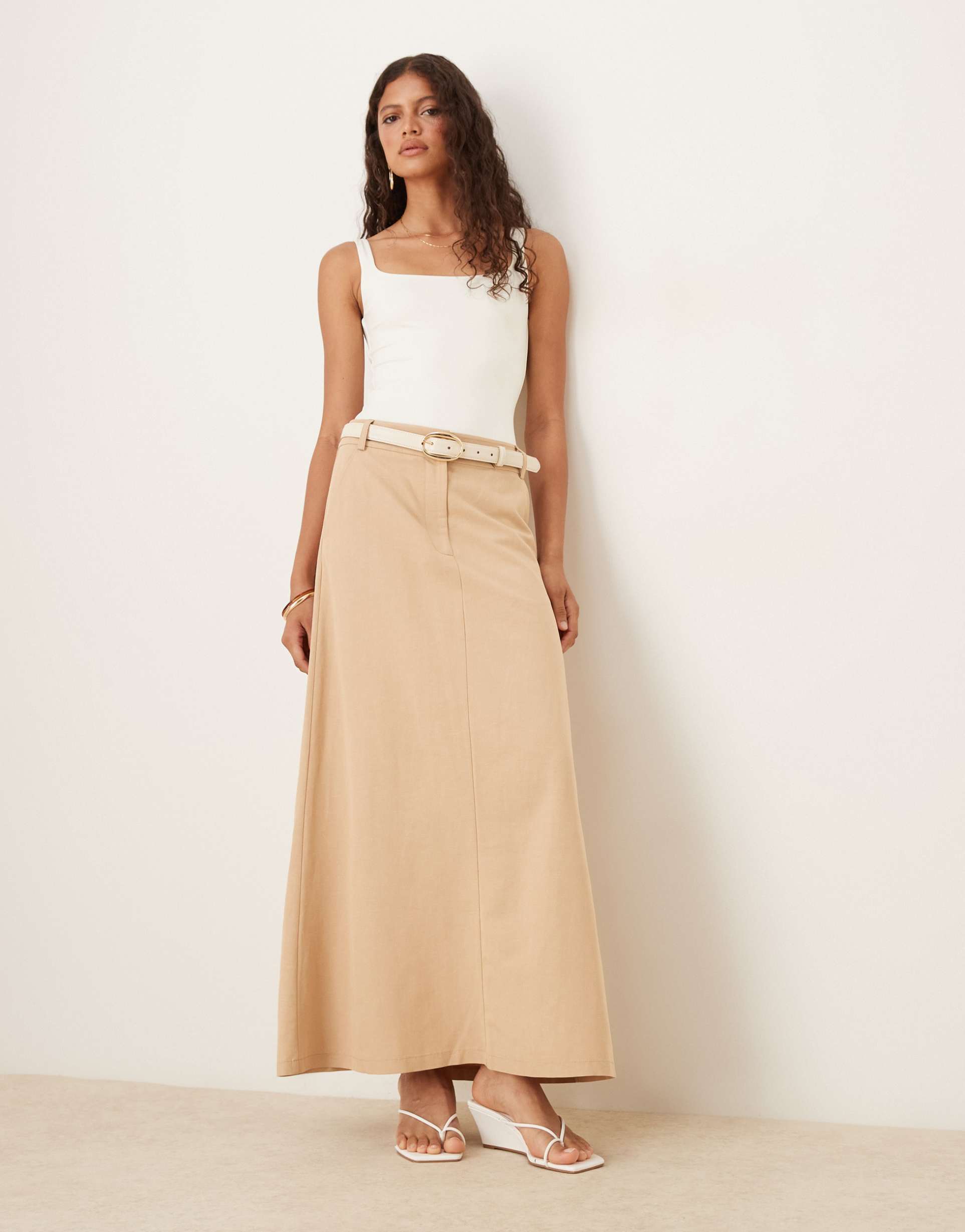 ASOS DESIGN - Gonna lunga sartoriale in misto lino neutra