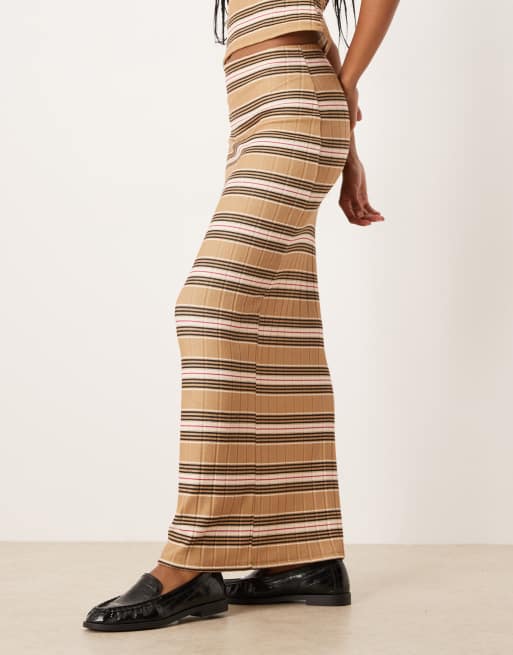 ASOS DESIGN - Gonna lunga spazzolata a coste a righe rosa e tortora in coordinato, 2 di 5