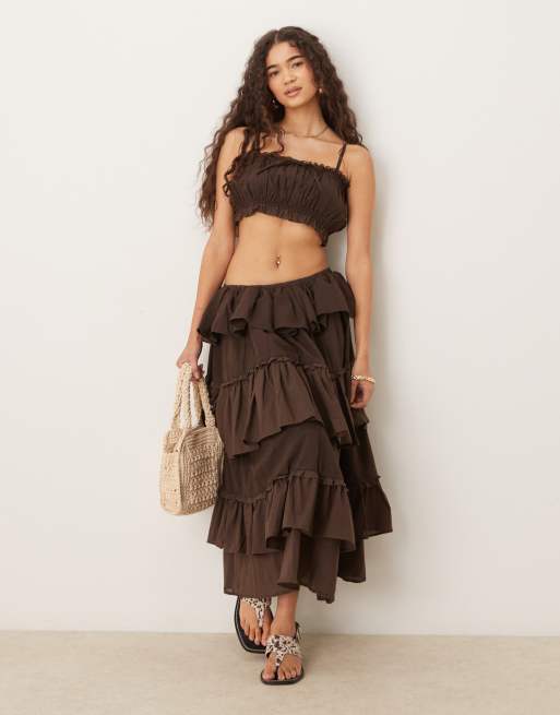 ASOS DESIGN - Gonna lunga stile country in cotone color cioccolato con volant in coordinato