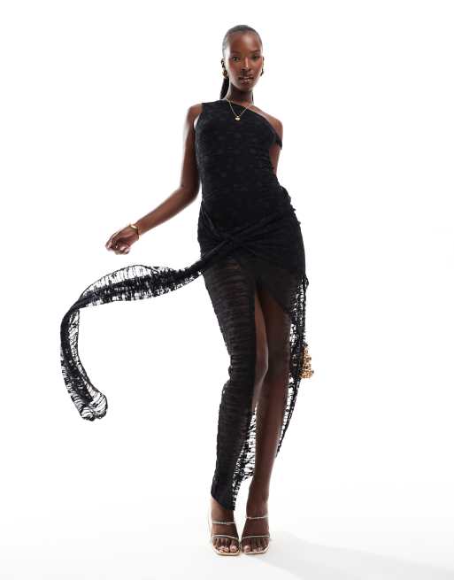 ASOS DESIGN - Gonna lunga stile pareo nera in pizzo con body con spalle scoperte, 4 di 4
