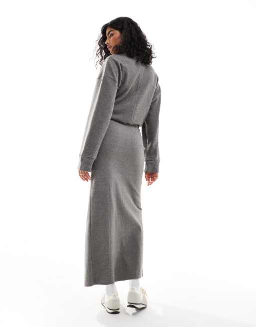 ASOS DESIGN - Gonna lunga super morbida grigio antracite mélange con spacco sul davanti, 4 di 5