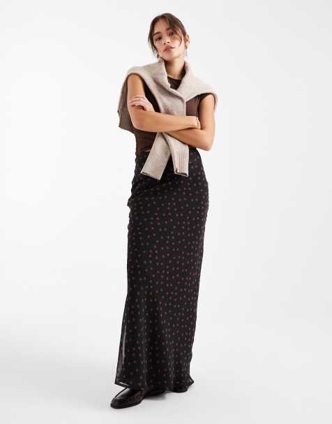 ASOS DESIGN - Gonna lunga taglio sbieco in chiffon marrone a pois - view 1