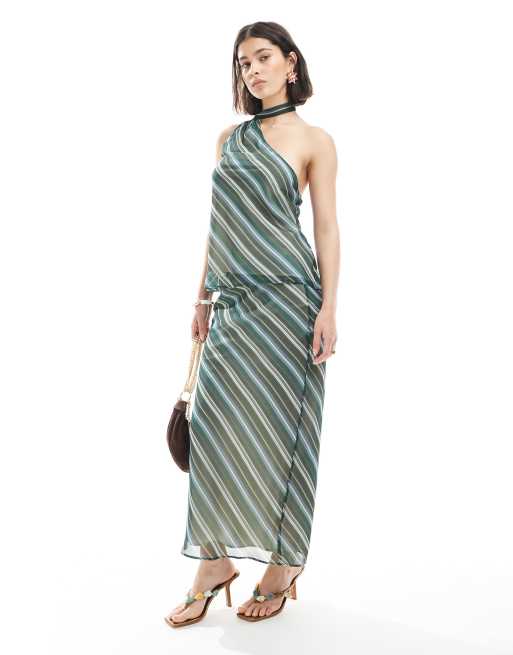 ASOS DESIGN - Gonna lunga taglio sbieco in chiffon verde a righe