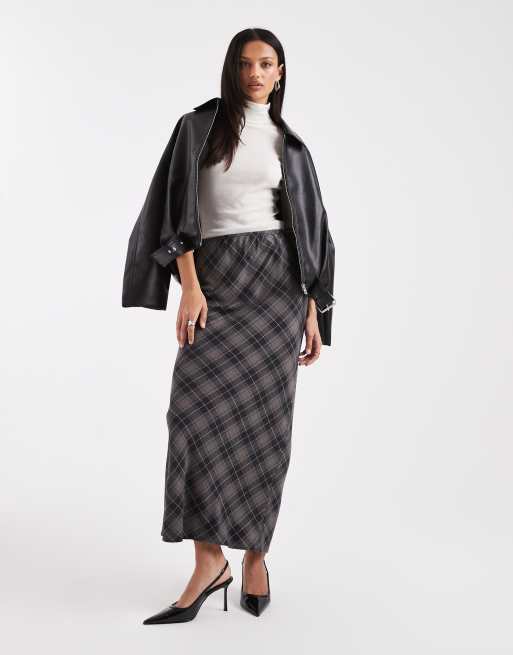 ASOS DESIGN - Gonna lunga taglio sbieco marrone a quadri spazzolata