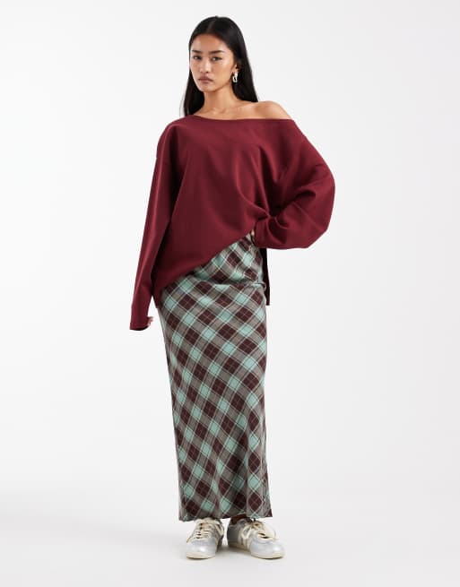 ASOS DESIGN - Gonna lunga taglio sbieco verde a quadri spazzolata