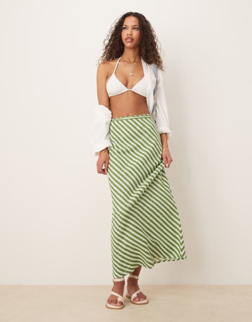 ASOS DESIGN - Gonna lunga verde a righe in misto lino con taglio sbieco