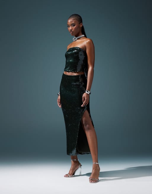 ASOS DESIGN Gonna lunga verde bosco con paillettes in coordinato