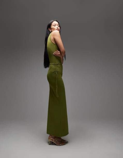 ASOS DESIGN - Gonna lunga verde oliva allacciata in vita sinuosa in poliammide arricciata in coordinato - view 1